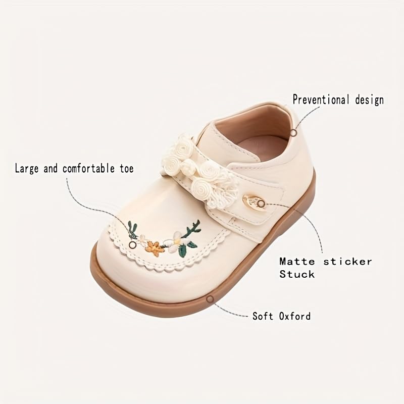 Adorable Embroidered Mary Jane Shoes for Baby Girls - Soft Sole, Non-Slip, Perfect for First Walkers & Toddlers - Ideal for Spring, Fall & Winter (Beige,6)