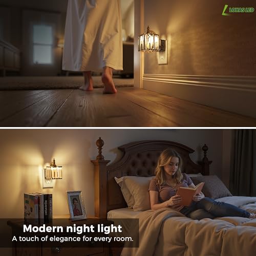 Image of L LOHAS LED Night Light, 2 Pack Night Lights Plug into Wall, 3000K Soft White LED, Crystal Night Lights with Dusk to Dawn Sensor, 0-100lm Adjustable Brightness, for Hallway Bedroom Stairway