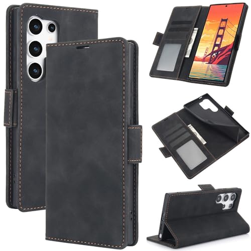 Étui en cuir Samsung S25 Plus avec fermeture magnétique haute protection noire