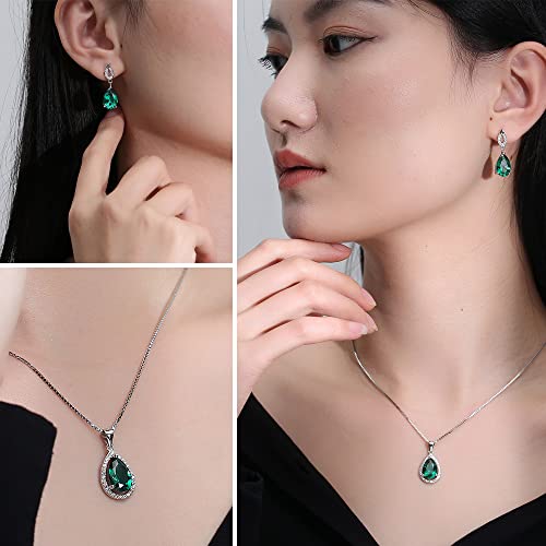 Jiangxin Waterdrop Green Emerald Birthstone 925 Sterling Silver White Gold Plated Fine Jewelry Set For Women Pendant Necklace Stud Earring #TOP2