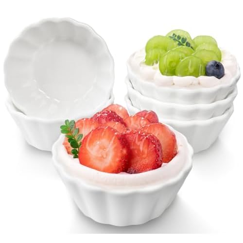 Ramekins 4 oz Set of 6, Ramekins Oven Safe, Porcelain Ramiken Set, Souffle, Custard Cups for Baking, White