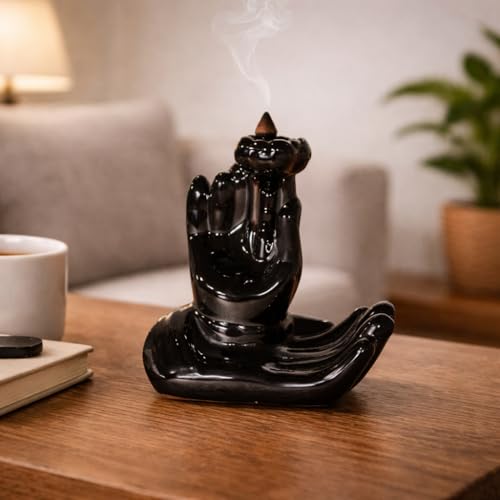 Image of CraftVatika Home Decoration Items for Home, Backflow Incense Burner Hand Shape Ceramic Incense Holder for Meditation Yoga Pooja, Zen Aromatherapy House Decor Showpiece Gift Item for Living Room Office