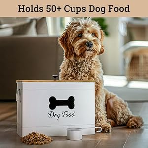Dog Food Container 15 20 lb Airtight Dog Food Storage Container 20 lb with Bamboo Lid Metal Dog Food Storage Container Cute Dog Food Bin White Dog Food Holder Metal Pet Food Container 20 lb