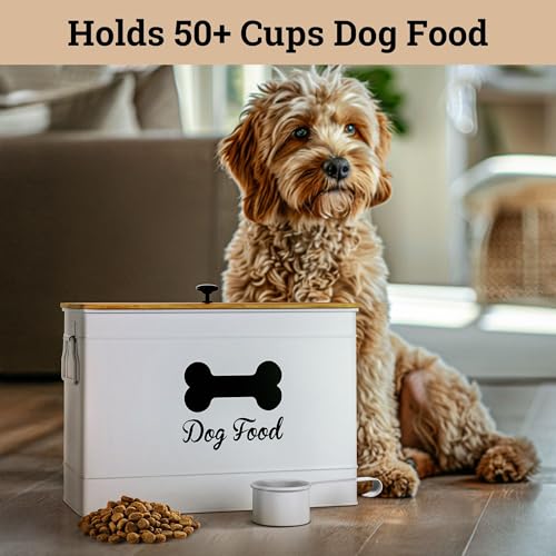 Dog Food Container Airtight 15 lb (50 Cup) Capacity with Metal Scoop - Cute Airtight Dog Food Storage Container with Bamboo Lid - White Metal Kibble Storage Bin for Dogs up to 100 lbs - Big Pet Jar - Image 4