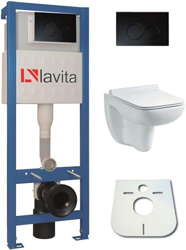 WC-Set Vorwandelement inkl. Drückerplatte + Wand WC Capri Slim ohne Spülrand + WC-Sitz mit Soft-Close-Absenkautomatik (OB) Toilette Komplett Sett WC