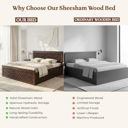 Image of WOODLAB Furniture Solid Sheesham Wood Niwar King Size Bed with Hydraulic Storage Wooden Double Bed Furniture Palang for Bedroom Living Room Home (Walnut Finish)