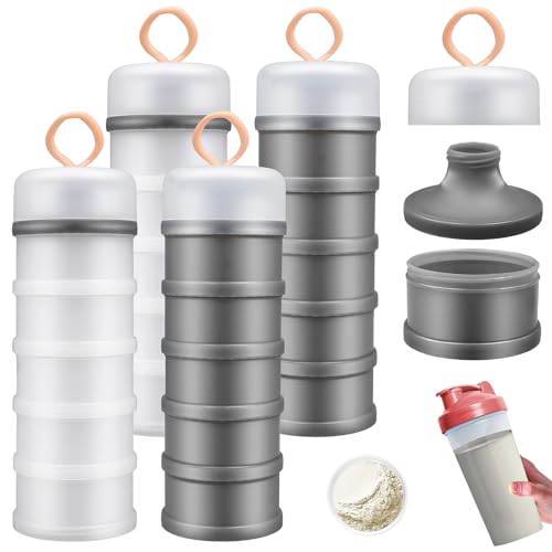 Kaxtde Lot de 4 distributeurs de lait en poudre pour bébé en vrac, distributeurs portables à 5 couches avec poignée en silicone, récipients à poudre empilables avec entonnoirs pour voyage et activités
