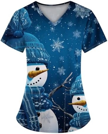 Christmas Scrub Tops Women Plus Size Nursing Uniforms V-Neck Shor...