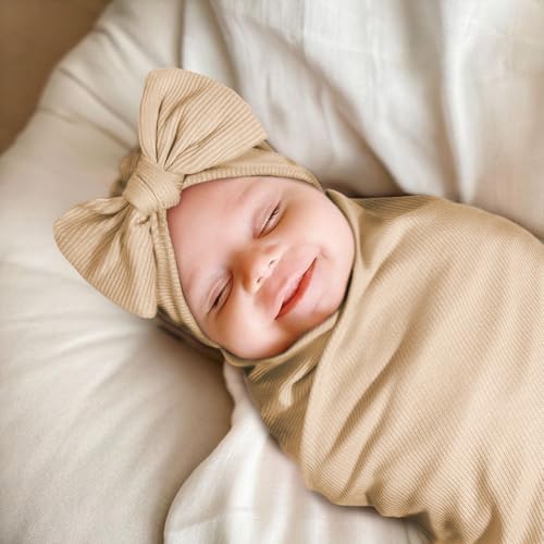 Image of DRESHOW BQUBO Baby Girl Newborn Receiving Blankets with Bow Hat Headband Wooden Birth Announcement Card Set Newborn Baby Swaddle Wrap Set Warm Shower Gift