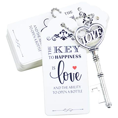 Aokbean 52pcs Love Heart Vintage Skeleton Key Bottle Opener Party Favor Wedding Favor Guest Souvenir Gift Set with Escort Thank You Tag Card and Keychain (Antique Silver) Cover