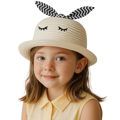 VRITRAZ Kids Summer Fashion Straw Bucket Cap, Suitable for 3-12 Years Hat (White)