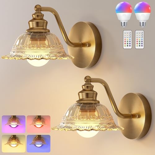 Image of Redluck Battery Operated Wall Sconce with Remote Control, Vintage Amber Glass Wireless Wall sconces Set of Two, Rechargeable Battery Powered Wall Lamp for Bedside Bedroom Living Room Hallway Decor