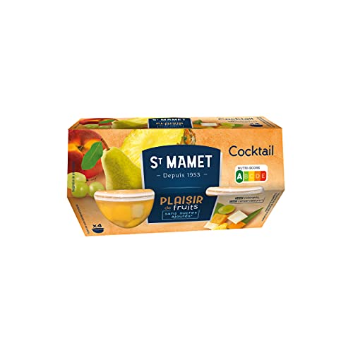 ST MAMET Coupelles de fruits Sans sucres ajoutés - Cocktail Pêche, Poire, Ananas, Raisin - 4x113g Cover