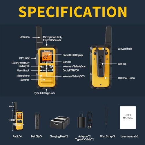 Image of Gaswei G2Pro+ Heavy-Duty Walkie Talkies IP67 Waterproof Two-Way Radios with NOAA Weather Alert & Floating | 2-Watt Long Range for Job Sites, Hunting | Dual PTT, FM Radio, SOS, VOX(4pack)