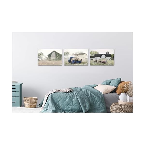 3 piece farmhouse wall art old barn truck canvas print picture for rustic farmhouse decor modern country scenery painting truck loaded with flowers framed artwork for home wall decor12x18x3pcs  urban country home decor