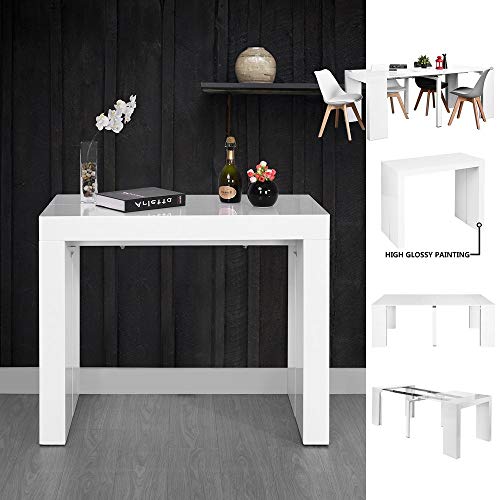 Extendable Rectangular Dining Table, Mltifunction Space Saving Wood Table for Home Restaurant Living Room High Gloss White
