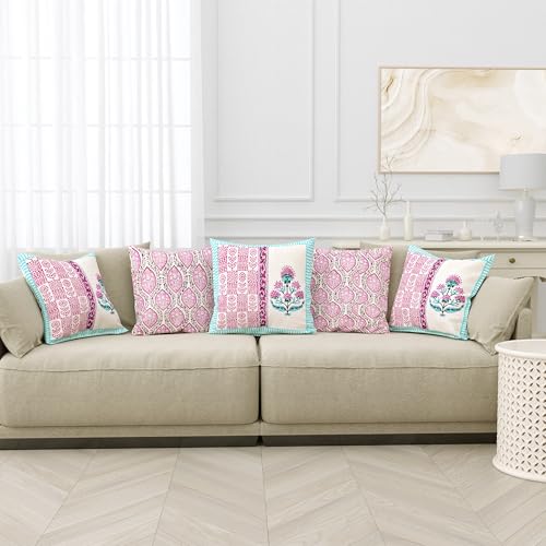 Image of BLOCKS OF INDIA Hand Block Printed Cotton Linen Cushion Cover (16 x 16 inches) (DYE Turq Pink Half)
