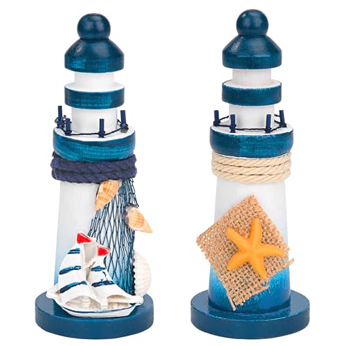 Heveer Faro de Madera Decorativo Mediterráneo Adorno Nautico Modelo Faro del Océano Decoración Náutica para Hogar Oficina y Eventos Temáticos 2 Piezas