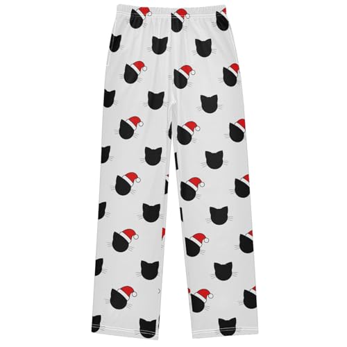 Boy's Lounge Pants Cute Cat Santa Hat Christmas Funny Kids Jogger Pants Elastic Waist Long Bottoms with Pockets 6-14Y