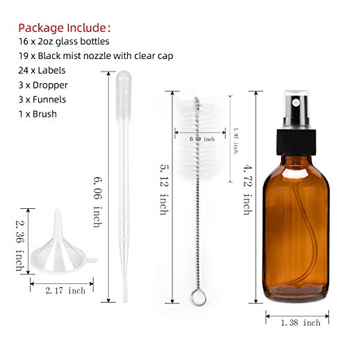 2oz Amber Glass Spray Bottles,DREAM ARK 16 Pack Empty Refillable Small Fine Mist Spray Bottle for Essential Oils, Beauty Products, Perfume, Homemade Cleaners,Makeup Tools and Aromatherapy