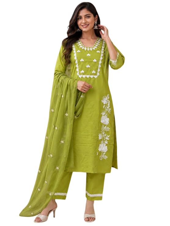 Women's Green Embroidered Kurta Pant Set | Straight Fit Ethnic Co-Ord Set with White Floral, Traditional Indian Wear for Casual, Office (Pack of 1)-picture-18
