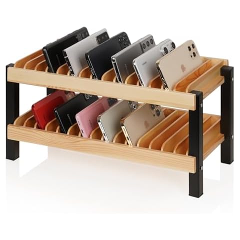 Echaprey 30-Grid Wooden Cell Phone Holder Desktop Multiple Classroom Cell Phone Holder Phone Storage Organizer Rack Box Caddy for Office School Classroom with 1-30 Number Stickers Cover