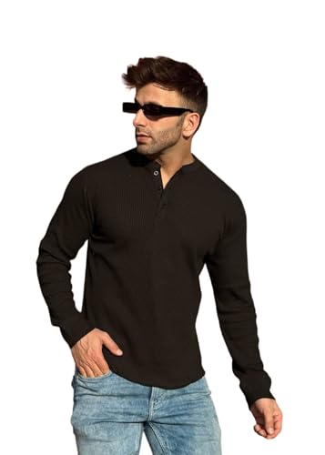 Image of GRITSTONES Men Self Waffle Knit Henley T-Shirt (GSHN-2H-01-BLK S)