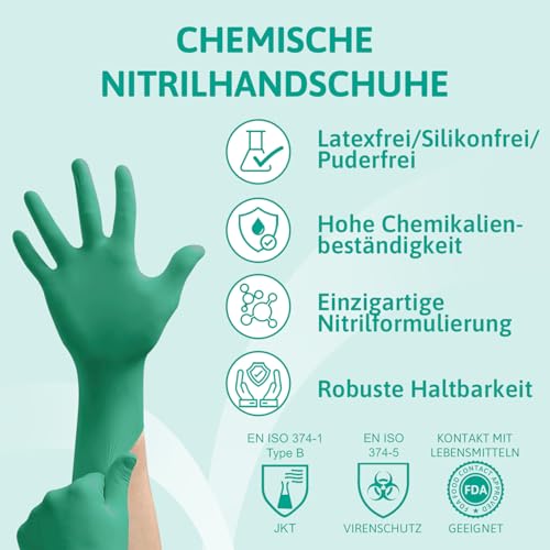 Ansell TouchNTuff 92-600,Nitril- Einmalhandschuhe, Einweghandschuhe für Lebensmittel, Chemikalienschutzhandschuhe mit hohem Schutz, Latexfreie Handschuhe, Grüne Nitrilhandschuhe, 100 Stück, Gr. L
