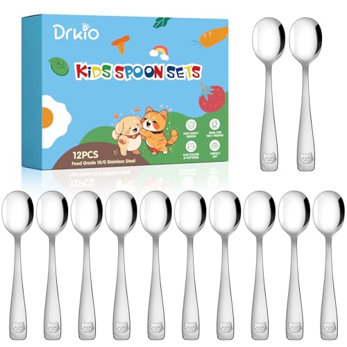 DRKIO Stainless Steel Toddler Spoons Set - 12 Pieces Kids Spoons Set Children Safe Food Grade Kids Silverware Small Spoon Metal Toddler Utensils...