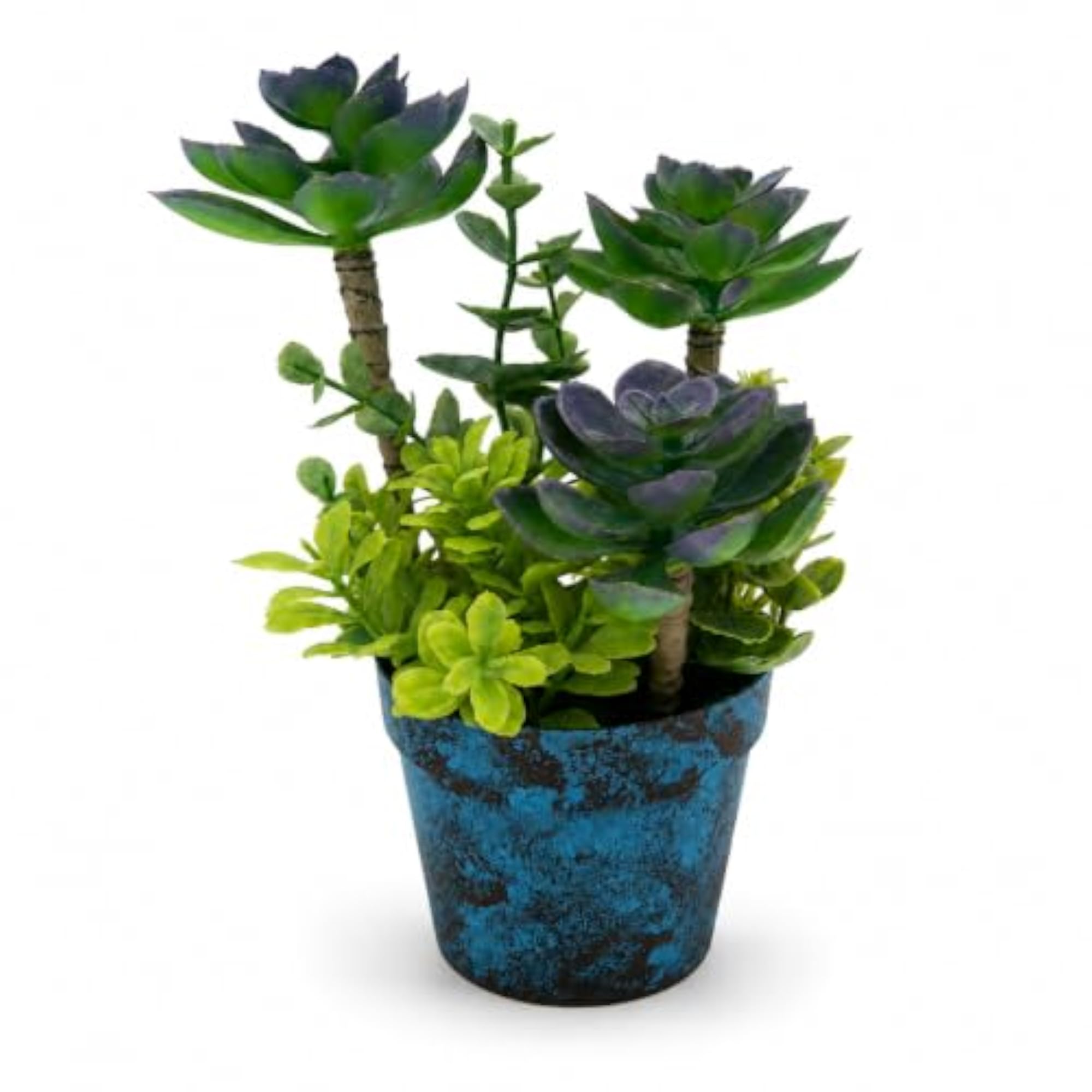Desert Grove Artificial Succulent Plant Arrangement with Rustic Blue Decorative Pot