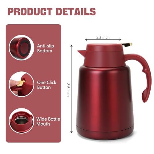 Image of GearRoot 51oz Thermal Coffee Carafe Coffee Thermos, Stainless Steel Coffee Carafes for Keeping Hot Drinks, Double Walled Thermal Pot Insulated Pitcher for Coffee, Hot Water, Tea, Hot Beverage (Red)