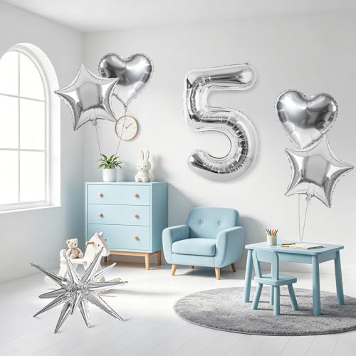 Image of TONIFUL 5th Birthday Balloons Kit 40Inch Silver Large Number 5 Foil Balloon