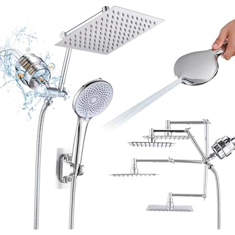 PROOX Filtered Shower Heads with Handheld Spray Combo, Rainfall Shower Head with 20 Stages Filter for Hard Water, Filtered Rain Shower Head for Hair And Skin, 12'' Adjustable Extension Arm, Chrome Cover