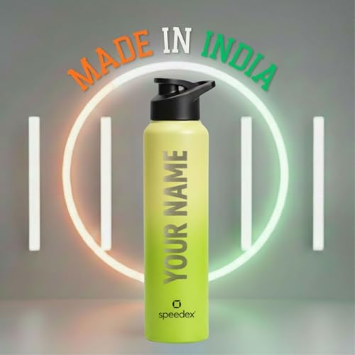 Image of Speedex Engraved Name Stainless Steel Sipper Water Bottle 1 Ltr - Customised Personalised Bottle for Kids & Adults, School, Gym, Sports, Black, Set of 1 (Lime Green, Set Of 1)