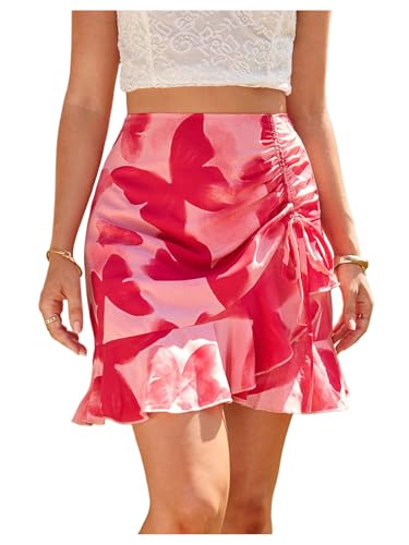 MakeMeChic Women's Butterfly Skirt Ruched Drawstring Wrap Ruffle Hem Summer Mini Skirts