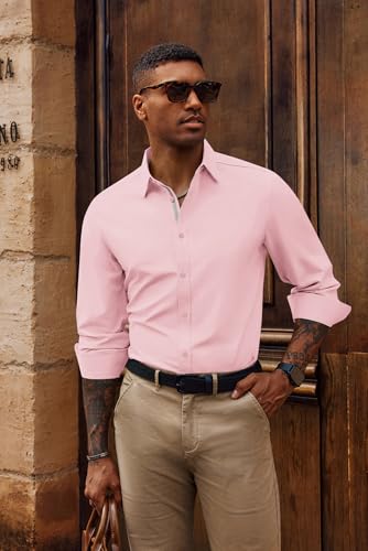PJ PAUL JONES Mens Untucked Dress Shirts Casual Button Up Shirt Long Sleeve Business Casual Shirts Pink L — view 2