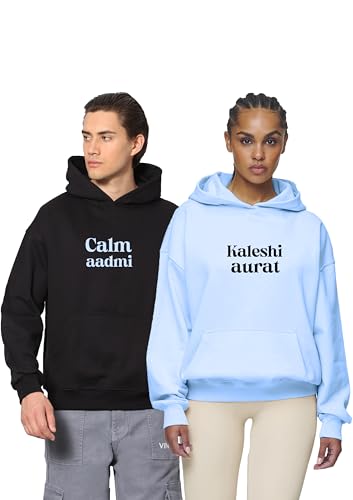 Image of Besick Cotton Warm Hooded Neck Pullover Calm Aadmi Kaleshi Aurat Printed Couple Hoodies