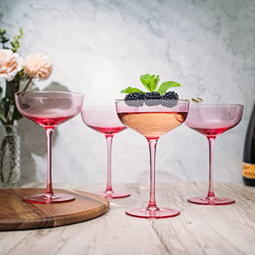 The Wine Savant Colored Coupe Glass | 7Oz | Set Of 4 Colorful Champagne & Cocktail Glasses, Fancy Manhattan, Crystal Martini, Cocktails Set, Margarita Bar Glassware Gift, Vintage (Blush Pink) #TOP3