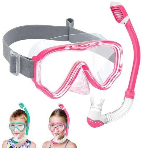 Kids Snorkel Set for Age 4-14 - Dry Top Kids Snorkel Set for Boys Girls Junior Youth Children Diving Mask with Big Eyes - Anti-Fog Snorkeling Mask and Snorkel Set (Rose)