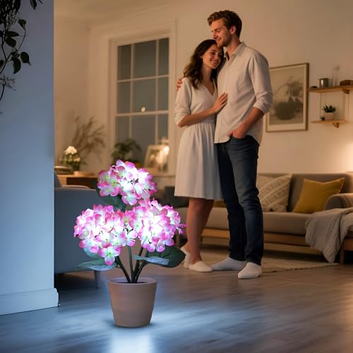 Image of Pink Artificial Hydrangea LED Flower Pot - Lighted Floral Decor for Wedding, Christmas, Bar Coffee Shop Home Decor, Battery-Operated Night Light, Gift for Women