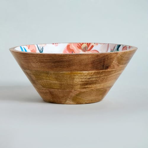 Image of SAAGA Printed Mango Wood Serving Bowl - 10 x 4 Inch Handcrafted Round Wooden Bowl | Food-Grade Finish for Noodles, Soups, Curries & Snacks - Canyon Clay