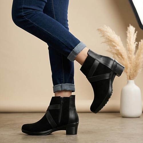 Image of KRAFTER Women's Ankle Boots Stylish Faux Suede & Leather Block Low Heel with Cross Straps and Side Zipper Design Comfortable Fashion for Casual & daily Wear