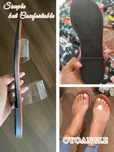 OYOANGLE Women's Clear Strap Flat Sandals Open Toe Double Band Casual Slide Sandals2