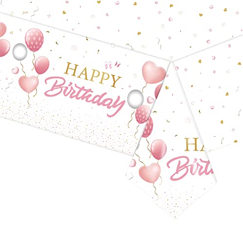 Nappe Jetable « Happy Birthday » Rose pour Filles et Elle, 137 x 274cm Nappe de Table Rectangulaire Plastique Réutilisable, Nappes de Fête Imperméable,...
