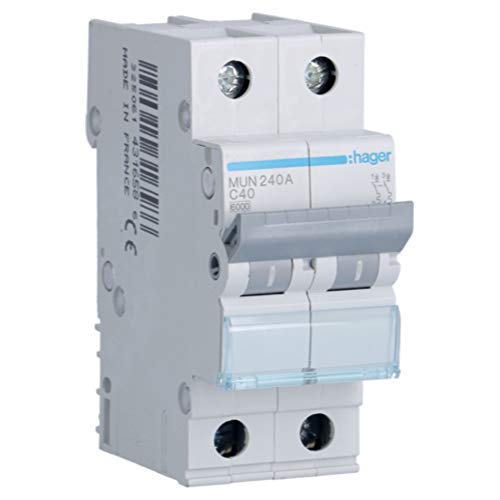 Hager MUN240A Interruptor Automático Magnetotérmico Serie MU, 2P, 40A, curva C, 6KA, Color Blanco