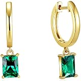 Emerald Baguette CZ Dangle Hoops | 14K Gold Plated Sterling Silver | Emerald-Cut Green Crystal Drop Huggie Earrings