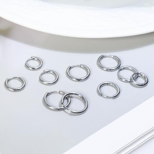 Small Silver Hoop Earrings for Women Set: 5 Pairs Lightweight 14K Gold Minimalist Huggie Hoop Earrings Cartilage Hoop Earring Helix Earring Tiny Silver Hoops for Women Men 1.6MM Thickness Hypoallergenic Earring Sets for Multiple Piercing (Silver - 5 Pairs(6mm, 7mm, 8mm, 9mm, 10mm)) by Holfeun - Used condition - Image 5