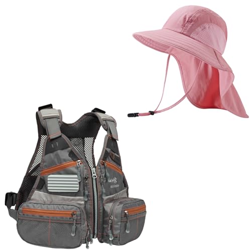Youths Fly Fishing Vest with Multiple Pockets(One Size) & Kids UPF 50+ Wide Brim Sun Hat with Neck Flap(Pink-Large) Bundle