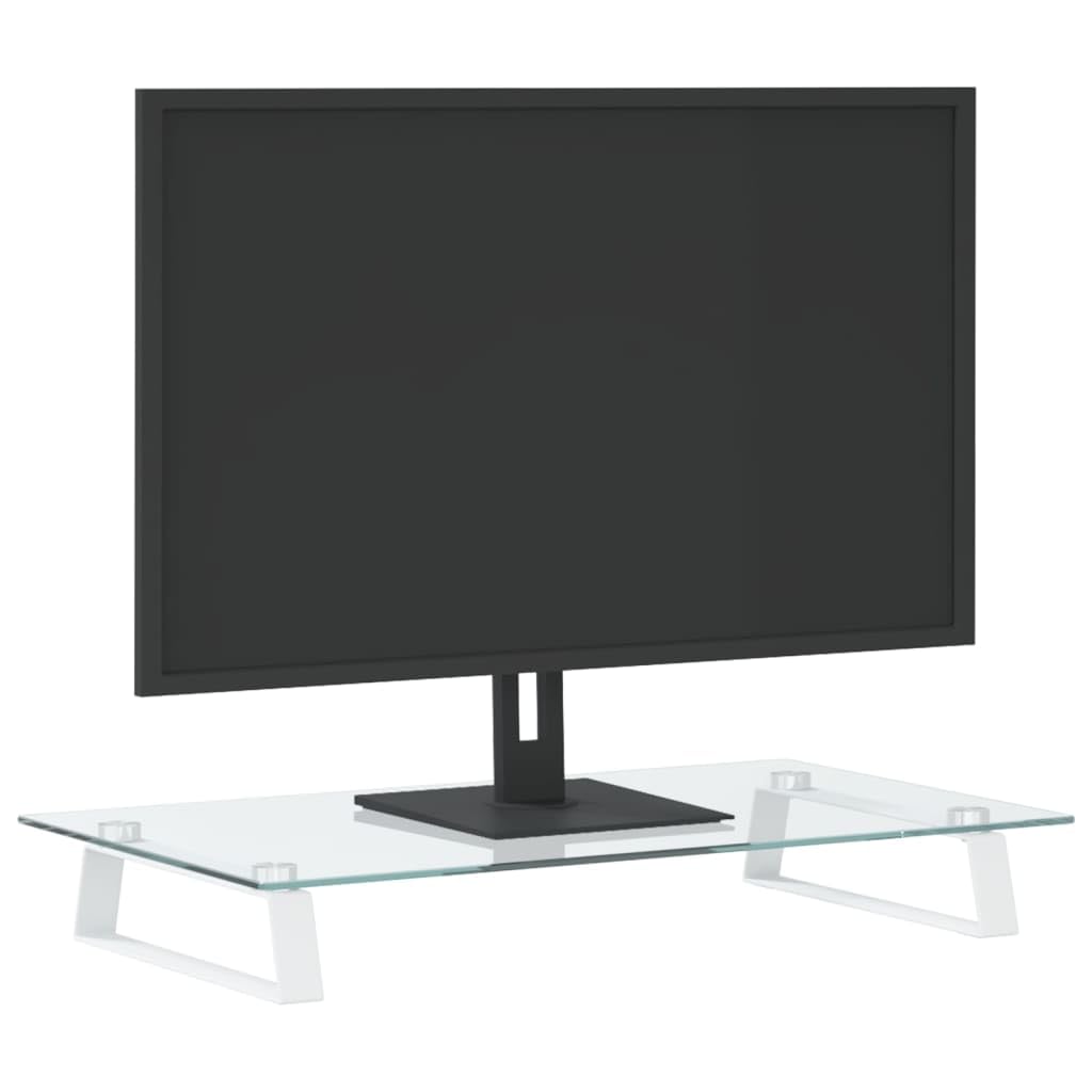Supporto per monitor bianco 60 x 35 x 8 cm Vetro temperato e metallo Rialzo per monitor, supporto per monitor per ufficio e camera da letto