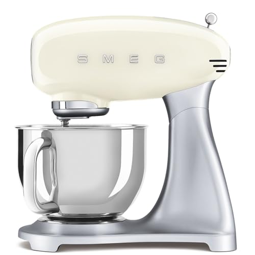 Image of SMEG SMF04 5-Qt Stand Mixer with Smooth Start & SteadyMix, 600W Motor, 10 Speeds, Stainless Steel Bowl & Pour Shield - Retro 50's Style Planetary Mixer for Bread Dough, Baking & Desserts-Cream